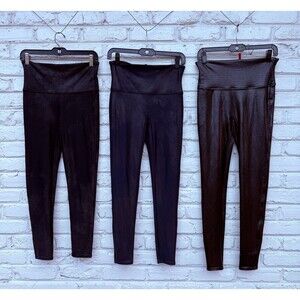 SPANX Faux Leather Leggings Size LARGE.  Lot of 3-Black blue brown
